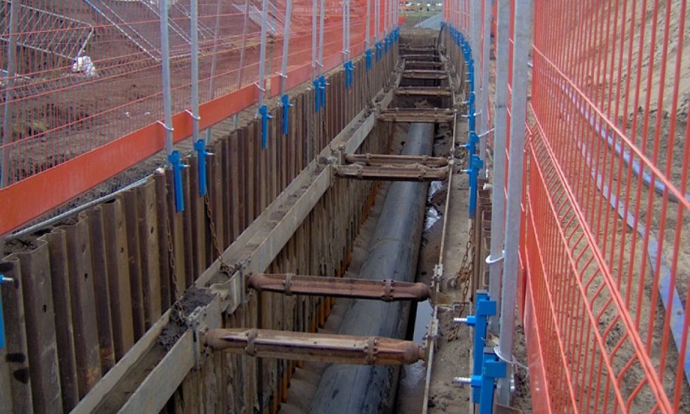 groundwork support equipment with sheet piles, walers and edge protection pipe work